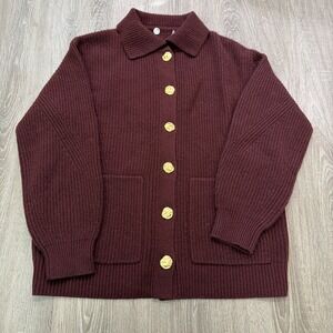Margaret O'Leary Wool Cardigan Burgundy Knit Button Front Pockets Womens Small